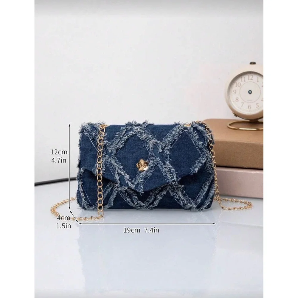 Distressed Denim‎ Crossbody Bag Blue Quilted Frayed Chain Strap Purse